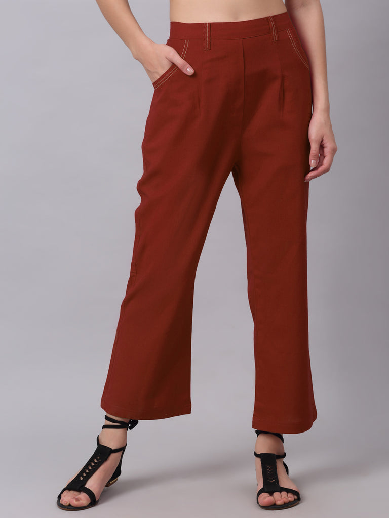 Women Maroon Pure Cotton Wide Leg Solid Trousers