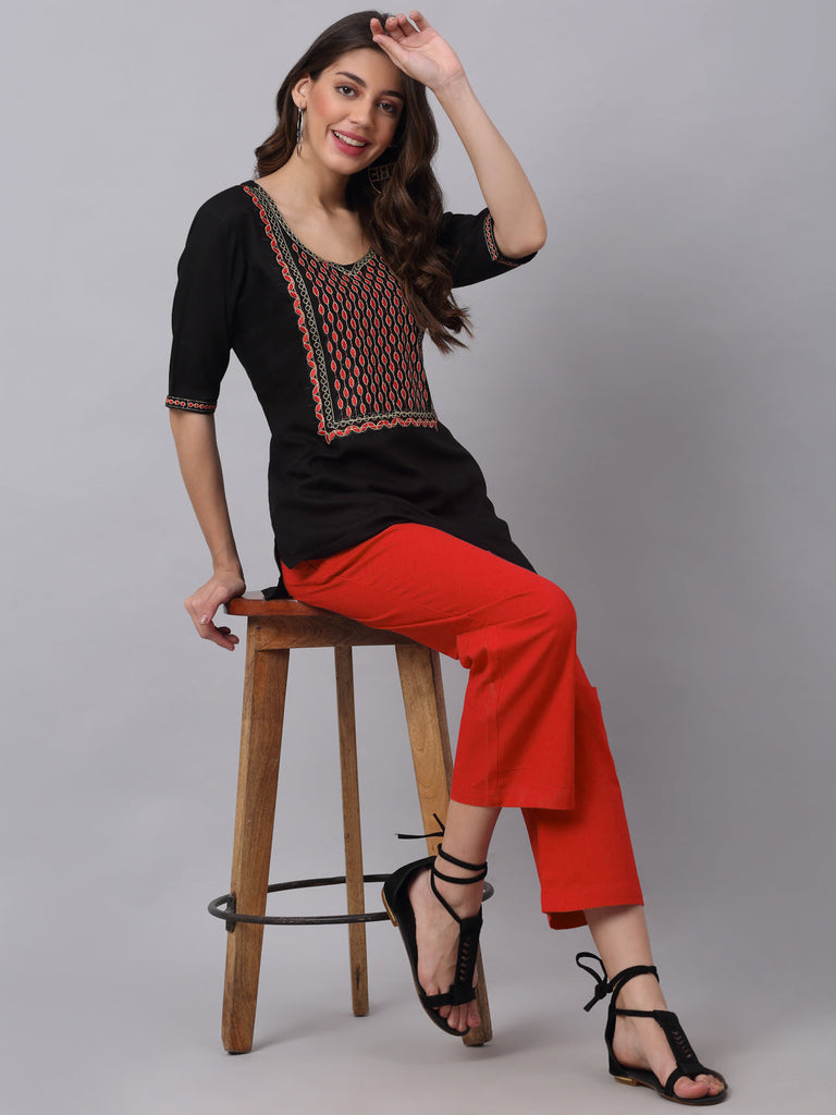 Women Red Pure Cotton Wide Leg Solid Trousers