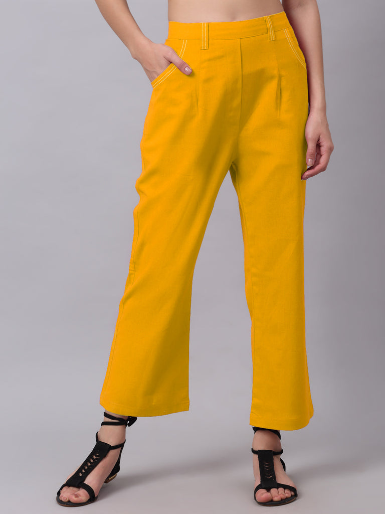 Women Yellow Pure Cotton Wide Leg Solid Trousers