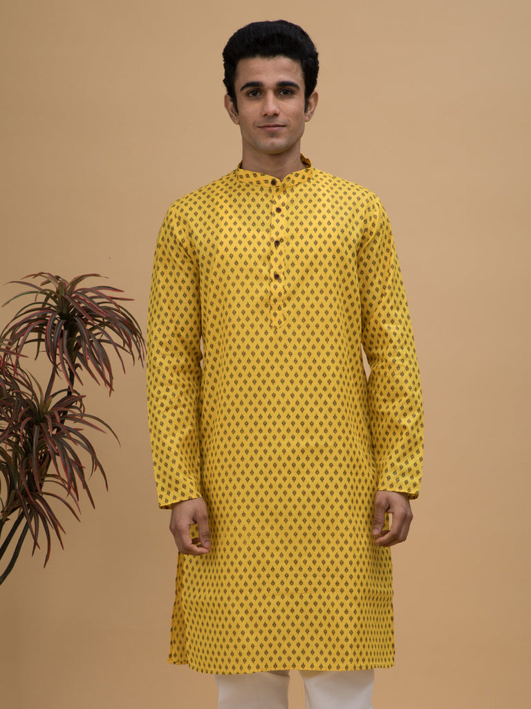 neudis-men-yellow-printed-cotton-long-kurta