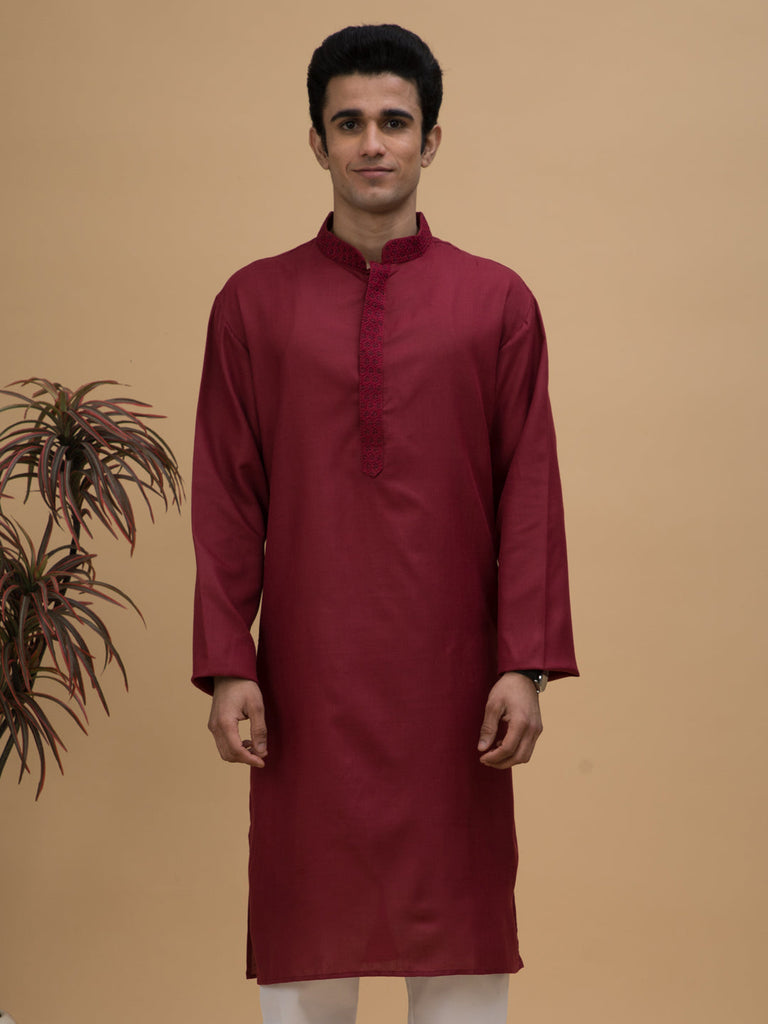 neudis-men-maroon-embroidered-cotton-long-kurta