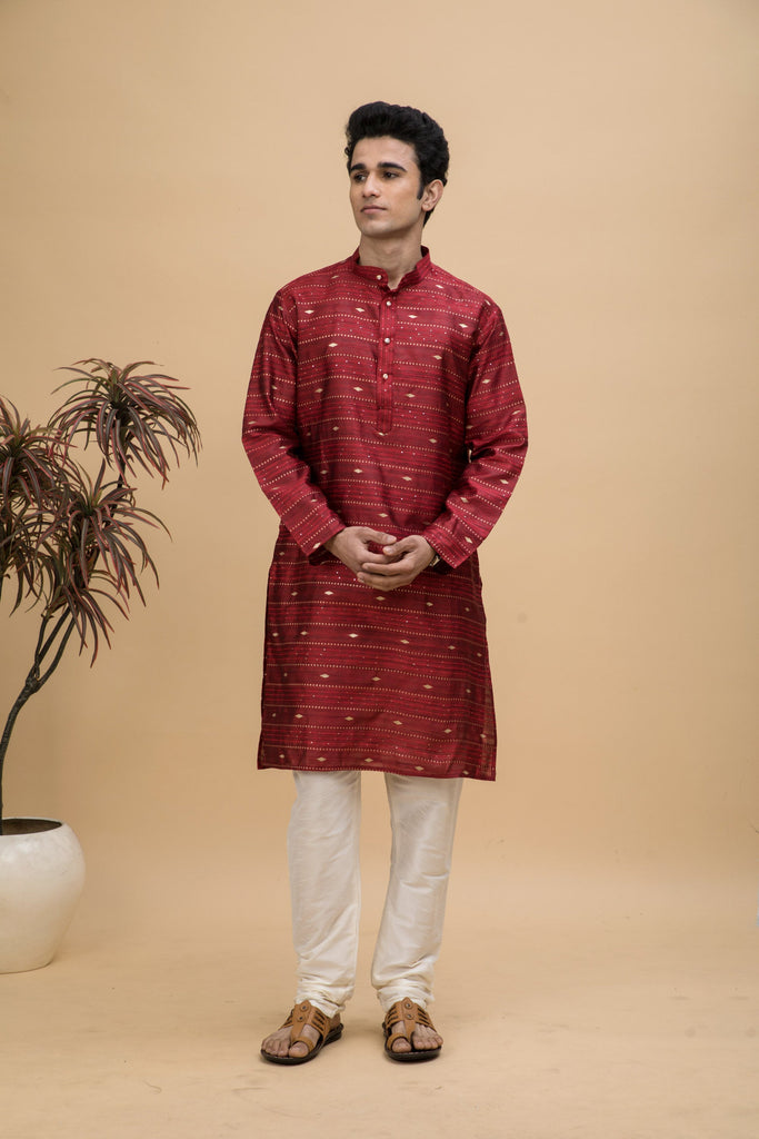 neudis-men-maroon-jacquard-silk-blend-long-kurta-churidaar-set
