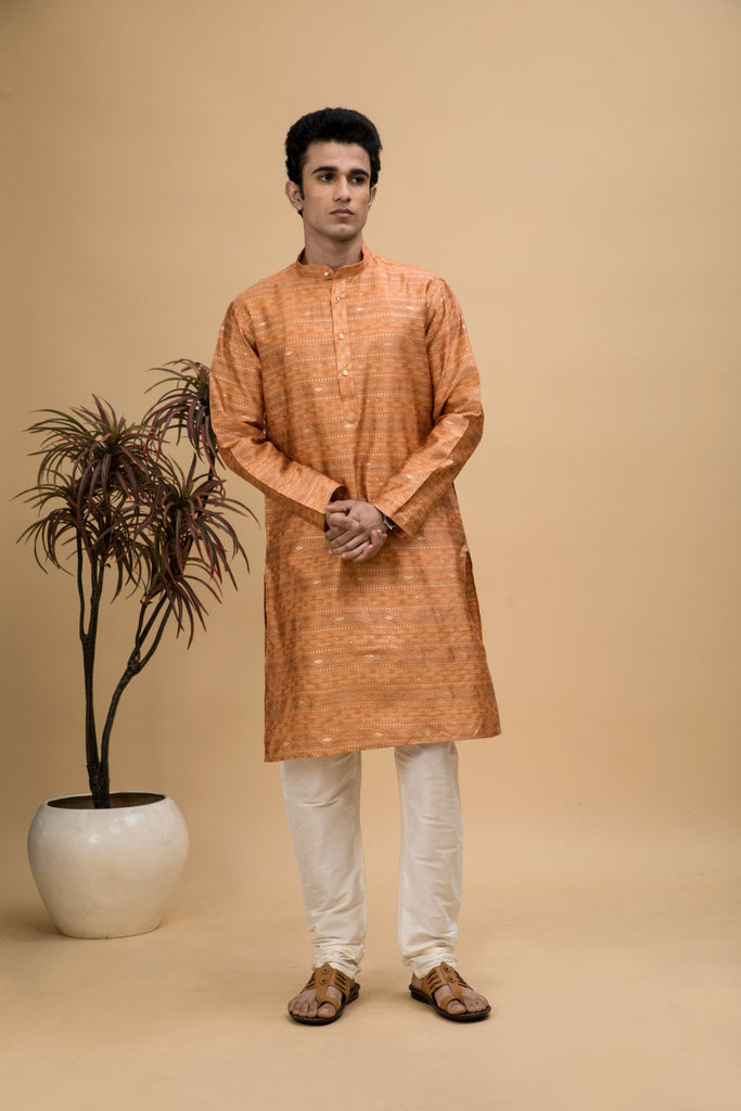 neudis-men-orange-jacquard-silk-blend-long-kurta-churidaar-set