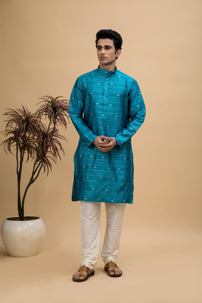 neudis-men-turquoise-blue-jacquard-silk-blend-long-kurta-churidaar-set