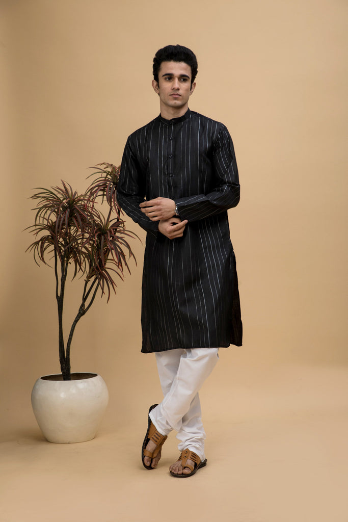 neudis-men-black-striped-cotton-blend-long-kurta-churidaar-set
