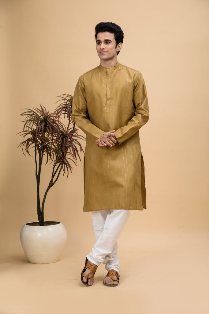 neudis-men-brown-striped-cotton-blend-long-kurta-churidaar-set