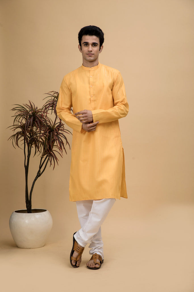 neudis-men-yellow-striped-cotton-blend-long-kurta-churidaar-set