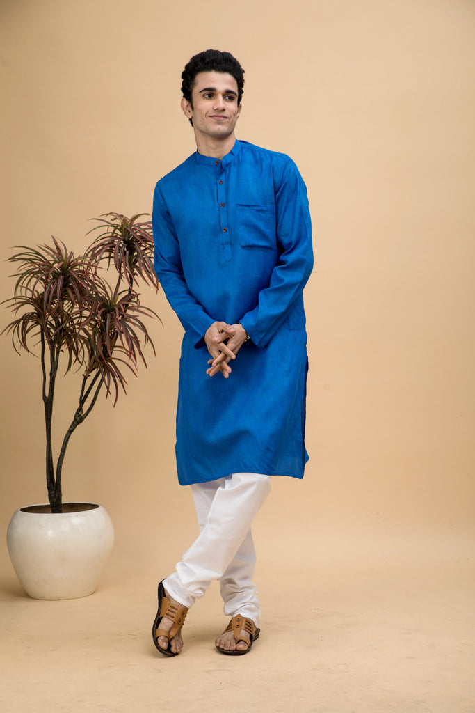 neudis-men-blue-cotton-linen-blend-long-kurta-churidaar-set