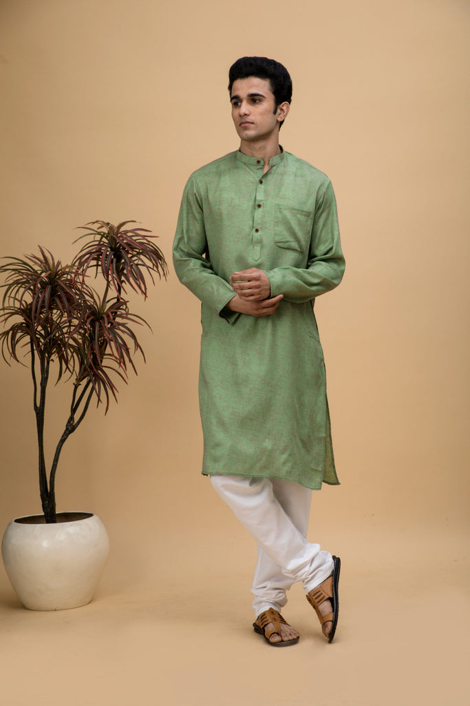 neudis-men-green-cotton-linen-blend-long-kurta-churidaar-set