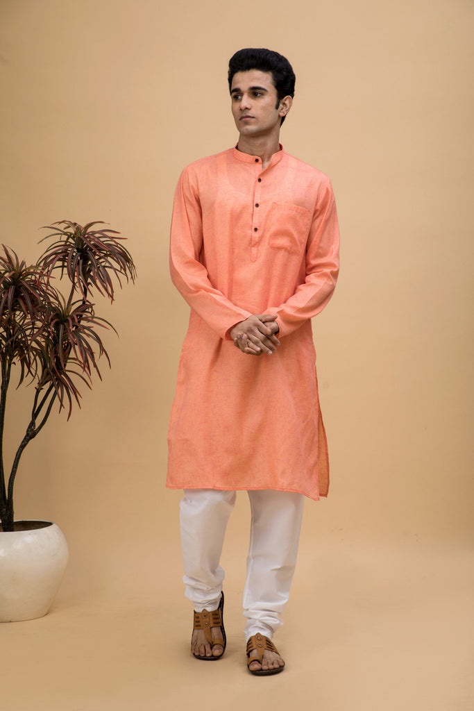 neudis-men-orange-cotton-linen-blend-long-kurta-churidaar-set