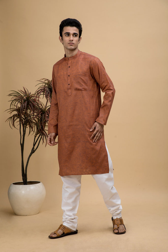 neudis-men-brown-cotton-linen-blend-long-kurta-churidaar-set