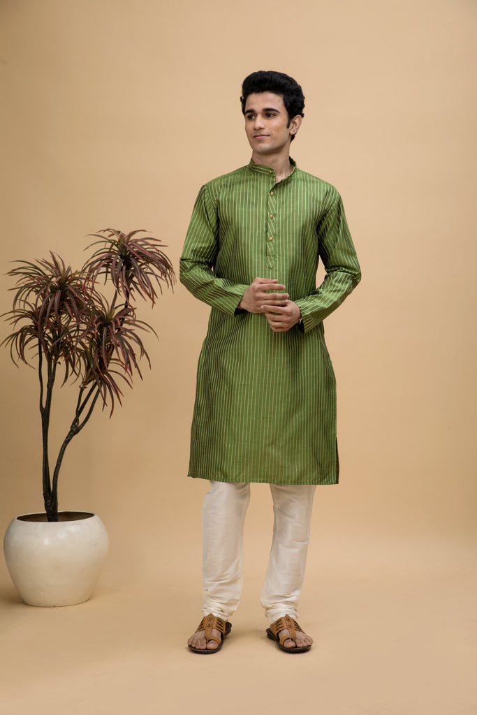 neudis-men-green-dobby-striped-cotton-blend-long-kurta-churidaar-set