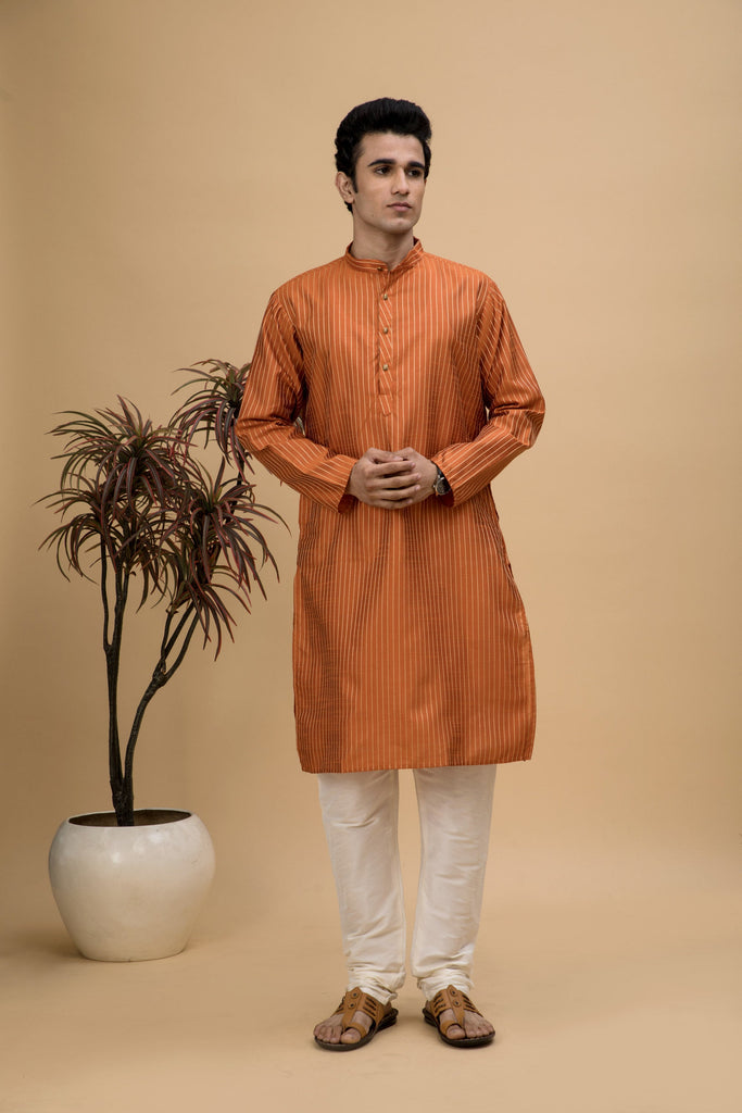 neudis-men-orange-dobby-striped-cotton-blend-long-kurta-churidaar-set