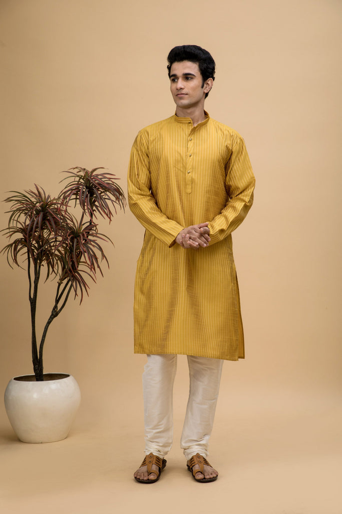 neudis-men-yellow-dobby-striped-cotton-blend-long-kurta-churidaar-set