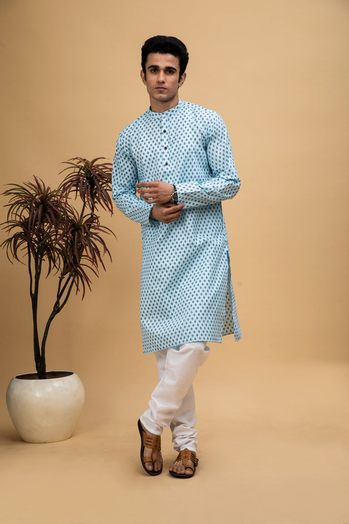 neudis-men-blue-printed-cotton-long-kurta-churidaar-set
