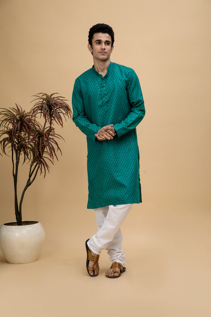 neudis-men-green-printed-cotton-long-kurta-churidaar-set