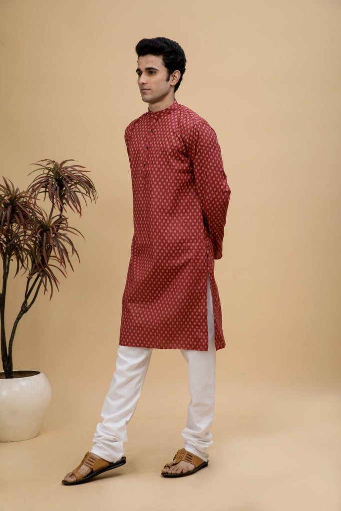 neudis-men-maroon-printed-cotton-long-kurta-churidaar-set