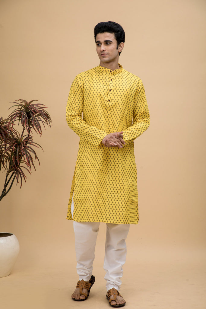 neudis-men-yellow-printed-cotton-long-kurta-churidaar-set