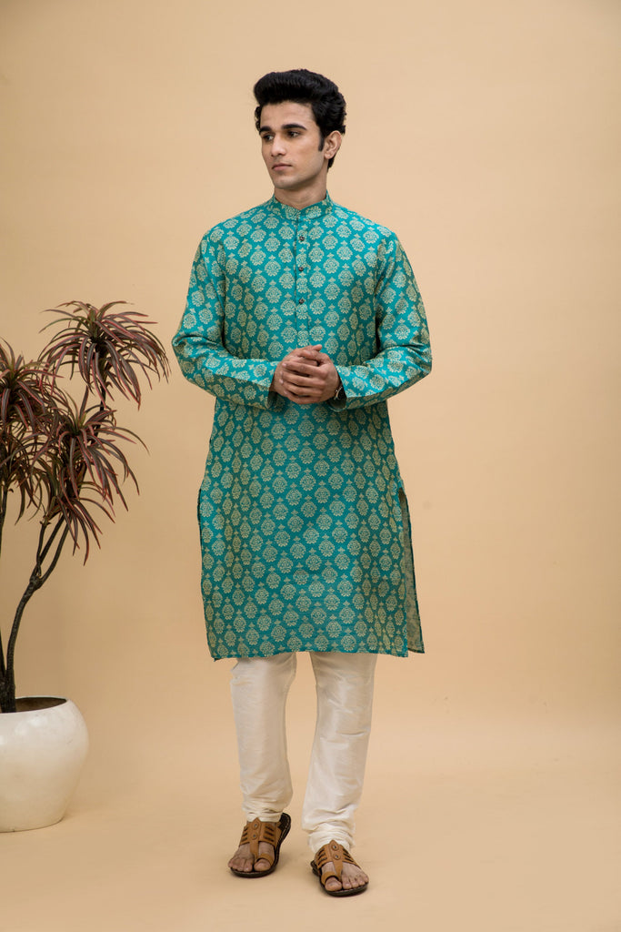 neudis-men-green-jacquard-cotton-linen-blend-long-kurta-churidaar-set