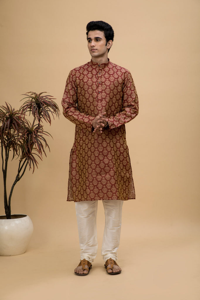 neudis-men-maroon-jacquard-cotton-linen-blend-long-kurta-churidaar-set