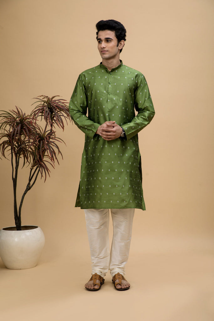 neudis-men-green-jacquard-buti-silk-blend-long-kurta-churidaar-set