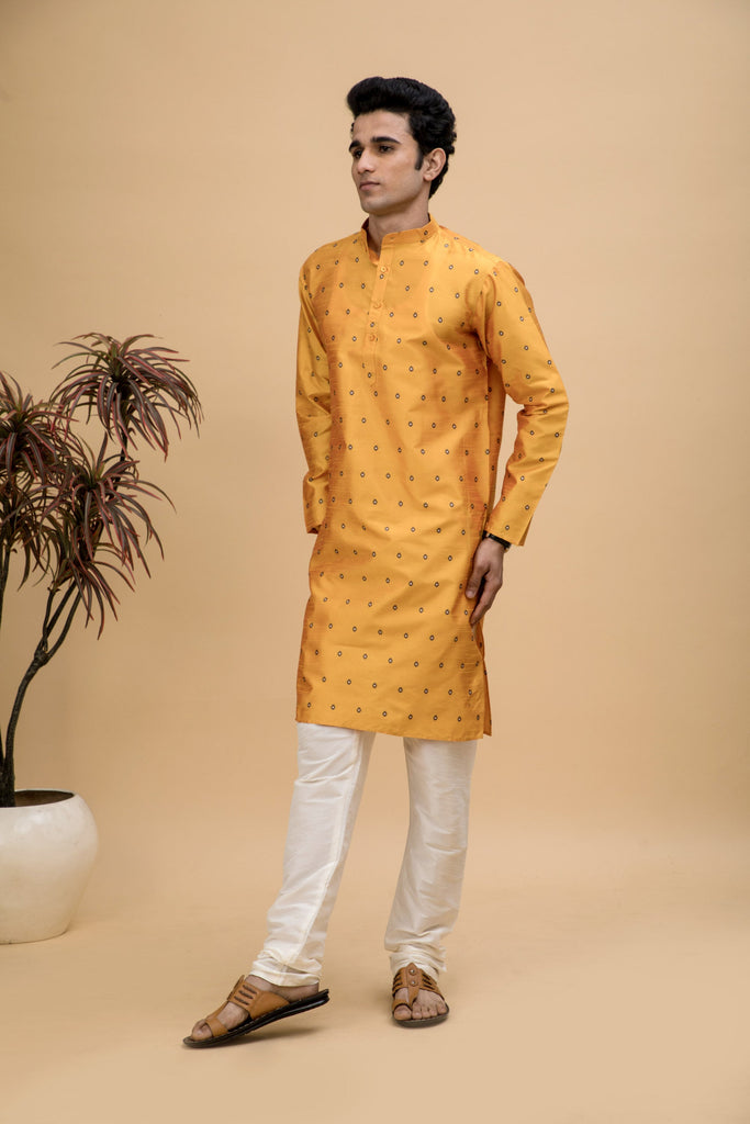 neudis-men-yellow-jacquard-buti-silk-blend-long-kurta-churidaar-set