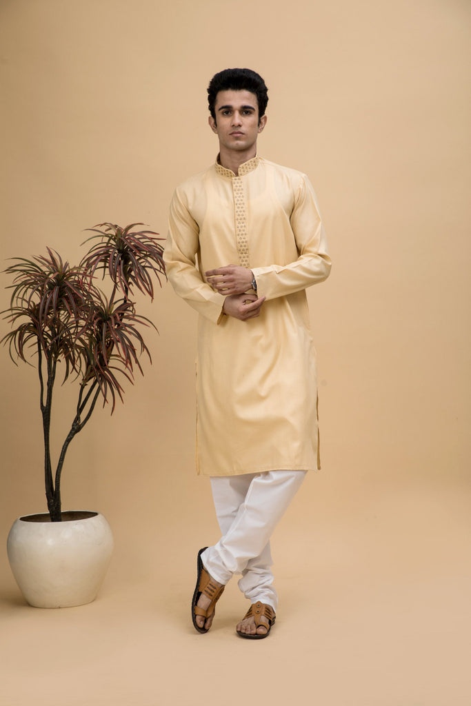 neudis-men-beige-embroidered-cotton-long-kurta-churidaar-set