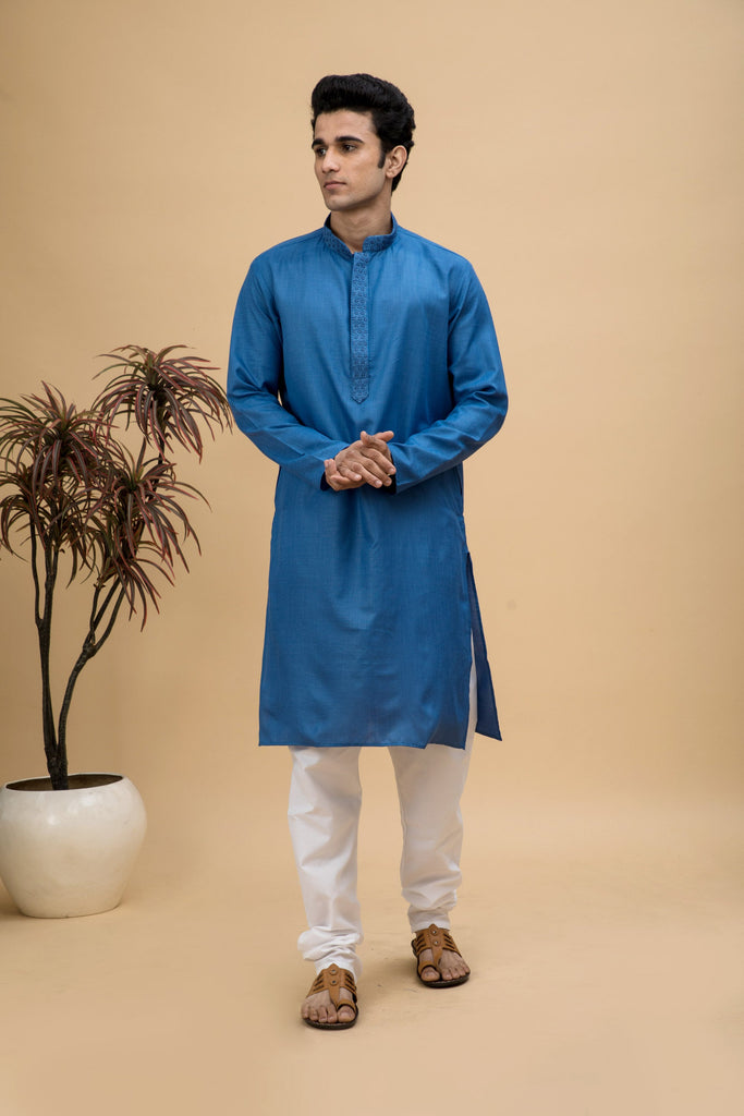 neudis-men-blue-embroidered-cotton-long-kurta-churidaar-set