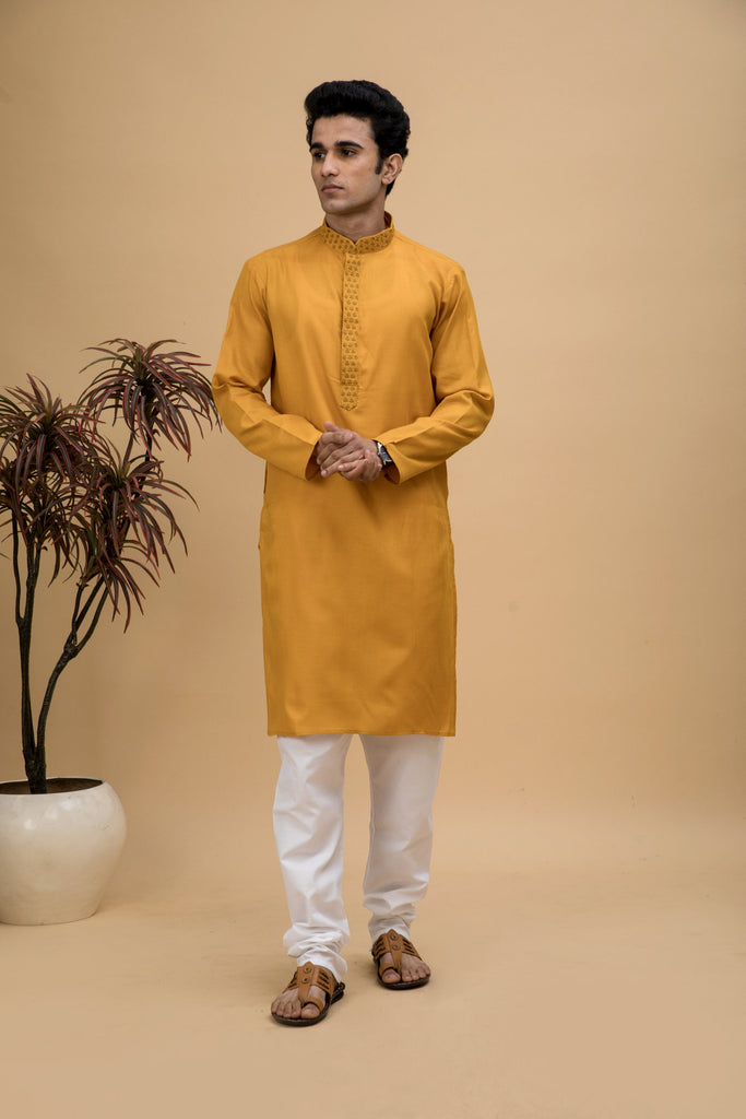 neudis-men-yellow-embroidered-cotton-long-kurta-churidaar-set
