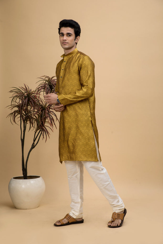 neudis-men-yellow-jacquard-silk-blend-long-kurta-churidaar-set