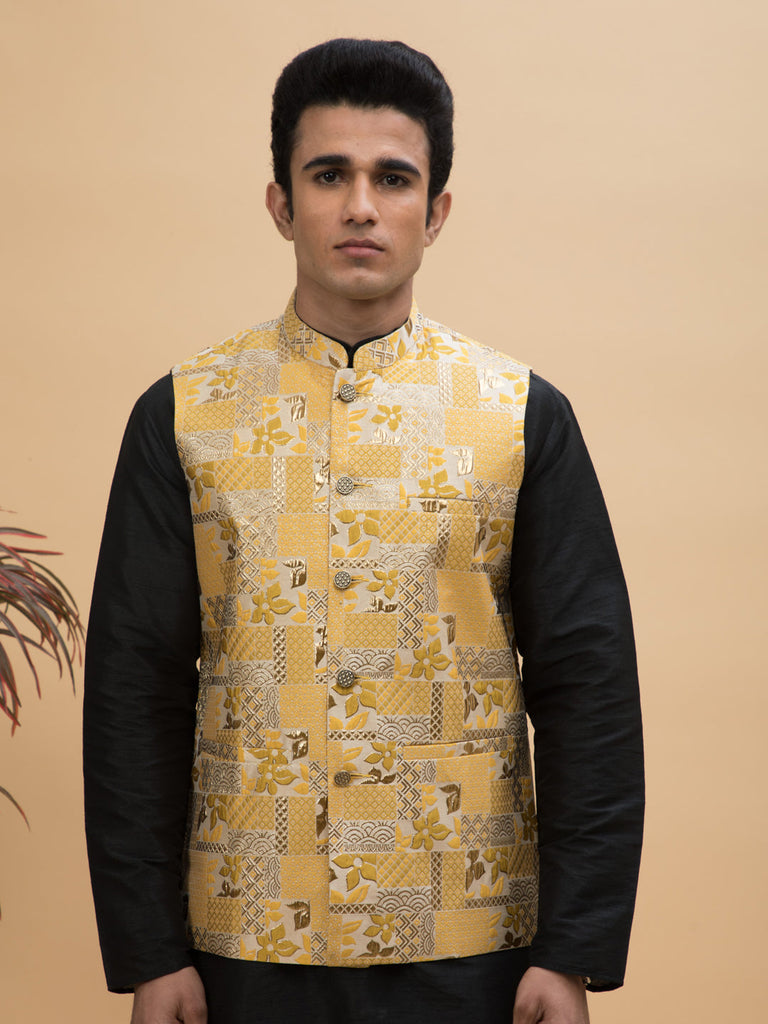 neudis-men-yellow-jacquard-silk-blend-nehru-jacket