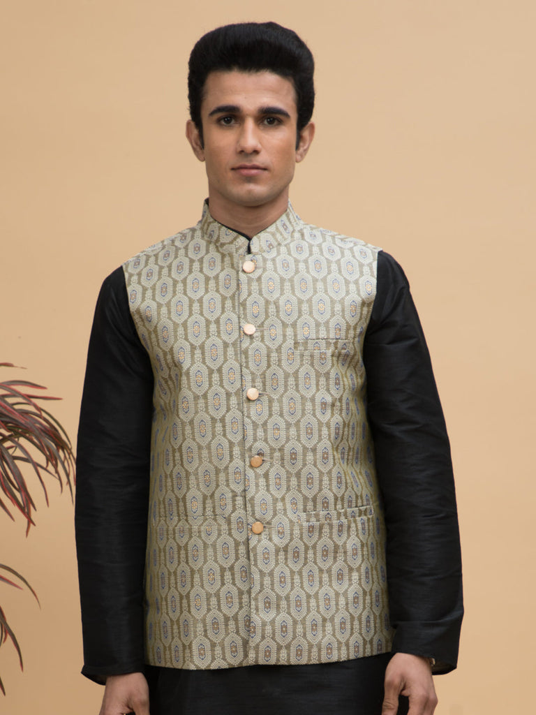 neudis-men-green-jacquard-ethnic-motif-silk-blend-nehru-jacket
