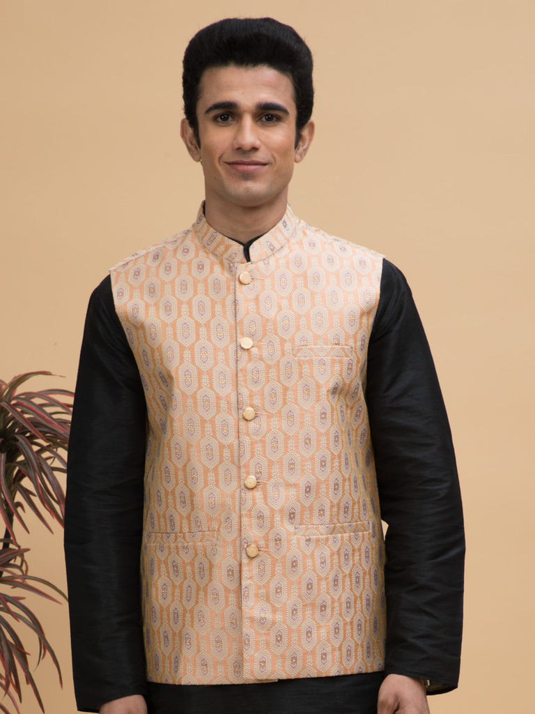neudis-men-peach-jacquard-ethnic-motif-silk-blend-nehru-jacket