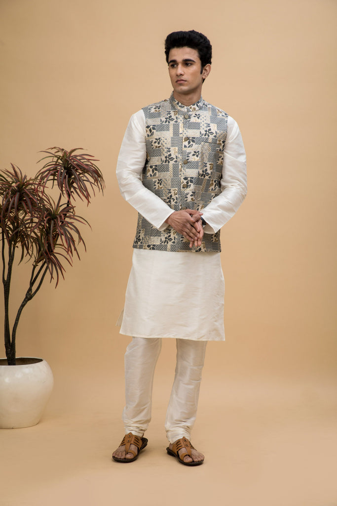 NEUDIS Men Blue Jacquard Silk Blend Nehru Jacket & Kurta Pajama Set