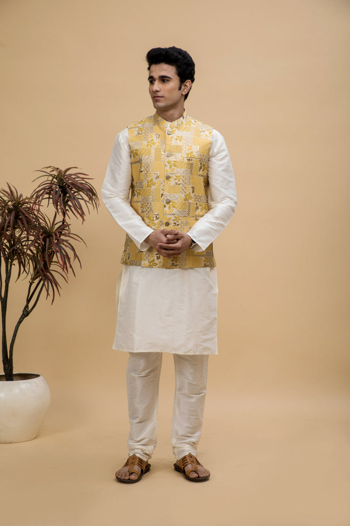 NEUDIS Men Yellow Jacquard Silk Blend Nehru Jacket & Kurta Pajama Set