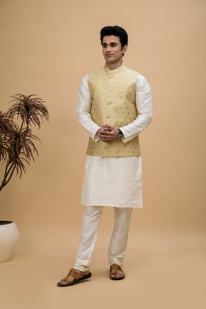 NEUDIS Men Yellow Jacquard Ethnic Motif Silk Blend Nehru Jacket & Kurta Pajama Set