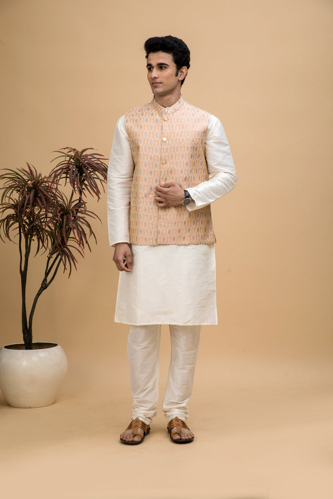 NEUDIS Men Peach Jacquard Ethnic Motif Silk Blend Nehru Jacket & Kurta Pajama Set