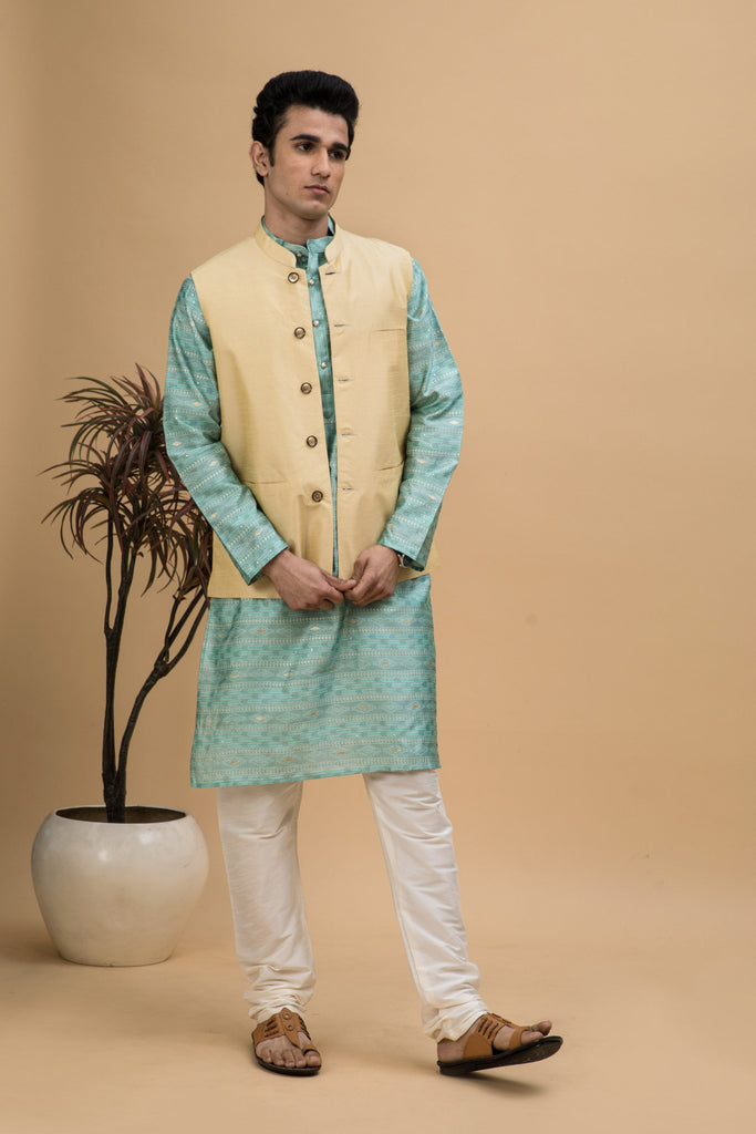NEUDIS Men Blue Jacquard Silk Blend Long Kurta Pyjama Set With Nehru Jacket