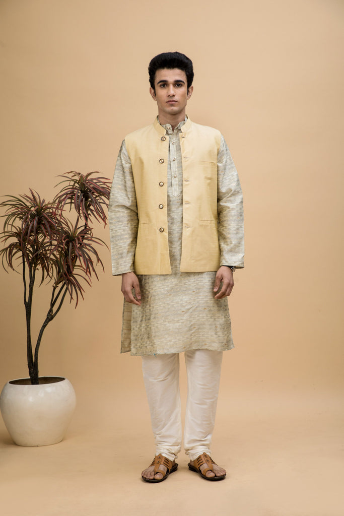 NEUDIS Men Grey Jacquard Silk Blend Long Kurta Pyjama Set With Nehru Jacket