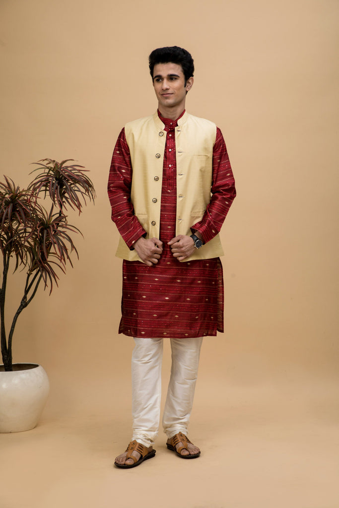 NEUDIS Men Maroon Jacquard Silk Blend Long Kurta Pyjama Set With Nehru Jacket