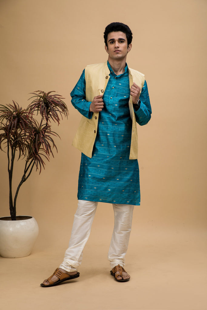 NEUDIS Men Turquoise Blue Jacquard Silk Blend Long Kurta Pyjama Set With Nehru Jacket