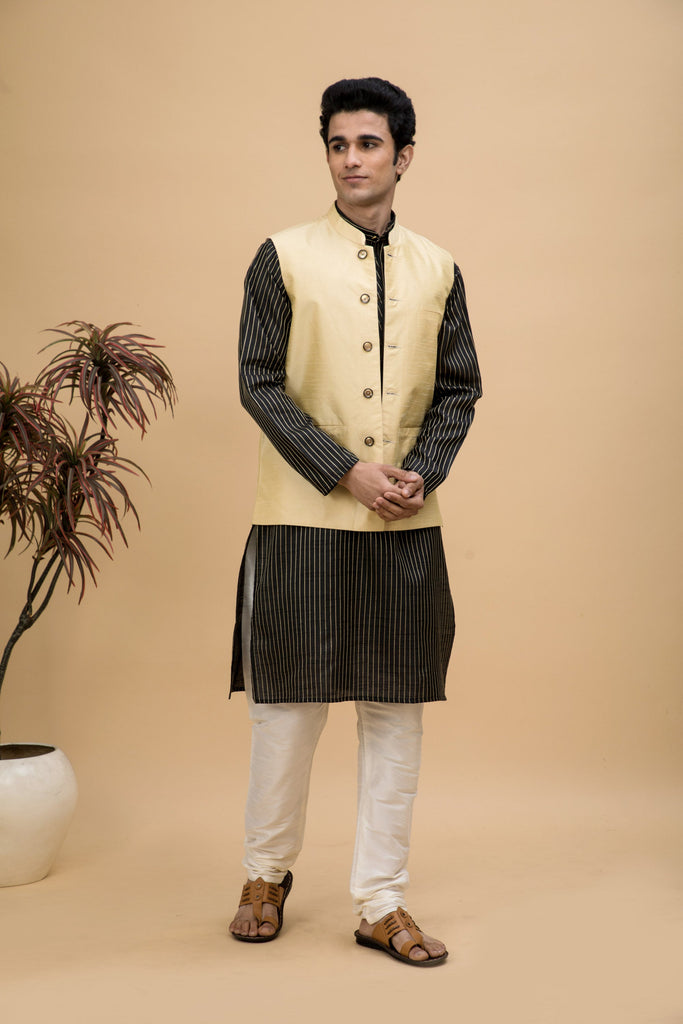 NEUDIS Men Black Dobby Striped Cotton Silk Blend Long Kurta Pyjama Set With Nehru Jacket