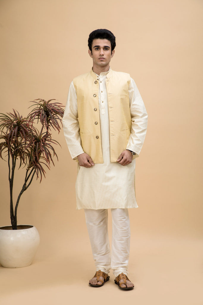 NEUDIS Men Off White Dobby Striped Cotton Silk Blend Long Kurta Pyjama Set With Nehru Jacket