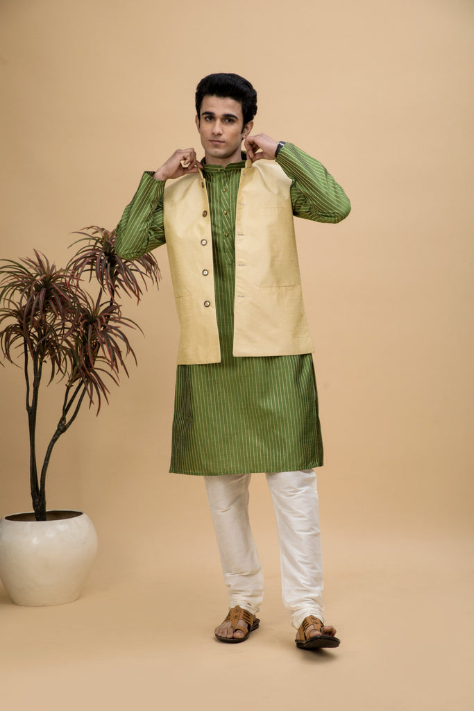 NEUDIS Men Green Dobby Striped Cotton Silk Blend Long Kurta Pyjama Set With Nehru Jacket