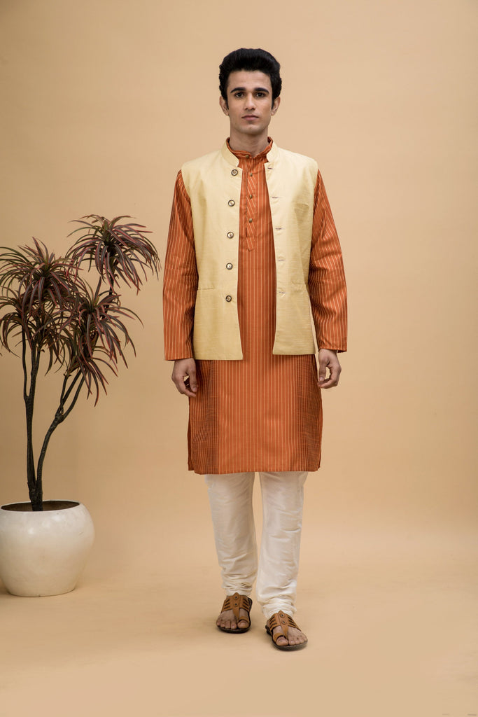 NEUDIS Men Orange Dobby Striped Cotton Silk Blend Long Kurta Pyjama Set With Nehru Jacket