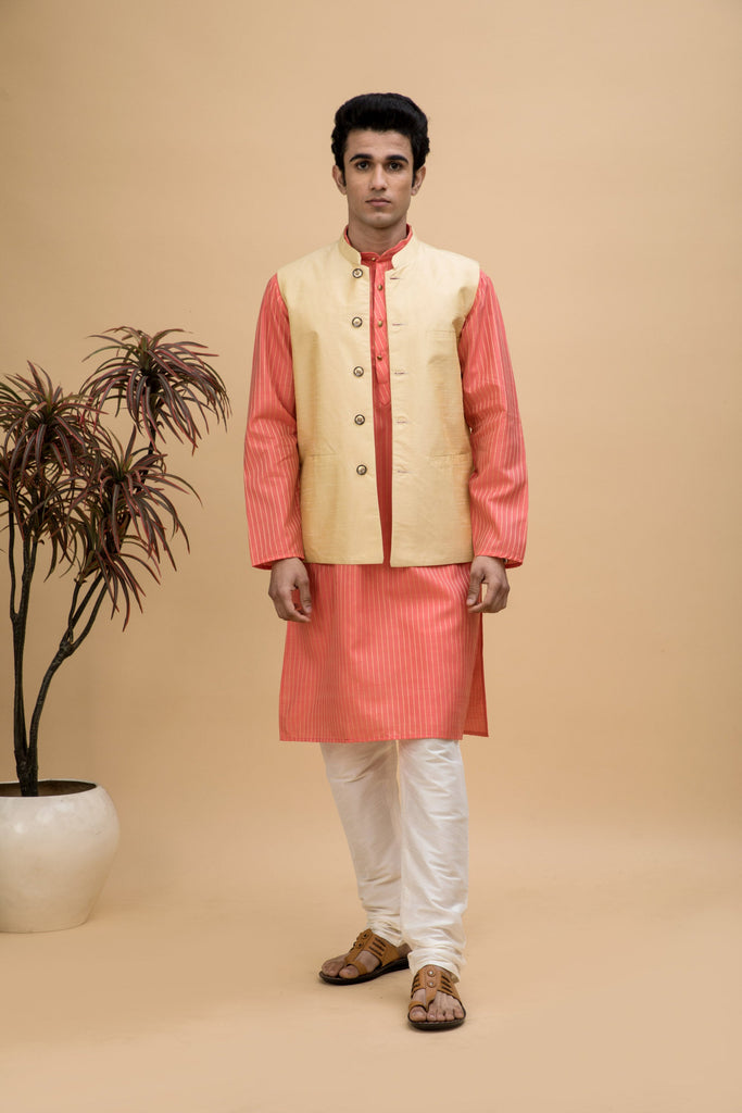 NEUDIS Men Peach Dobby Striped Cotton Silk Blend Long Kurta Pyjama Set With Nehru Jacket