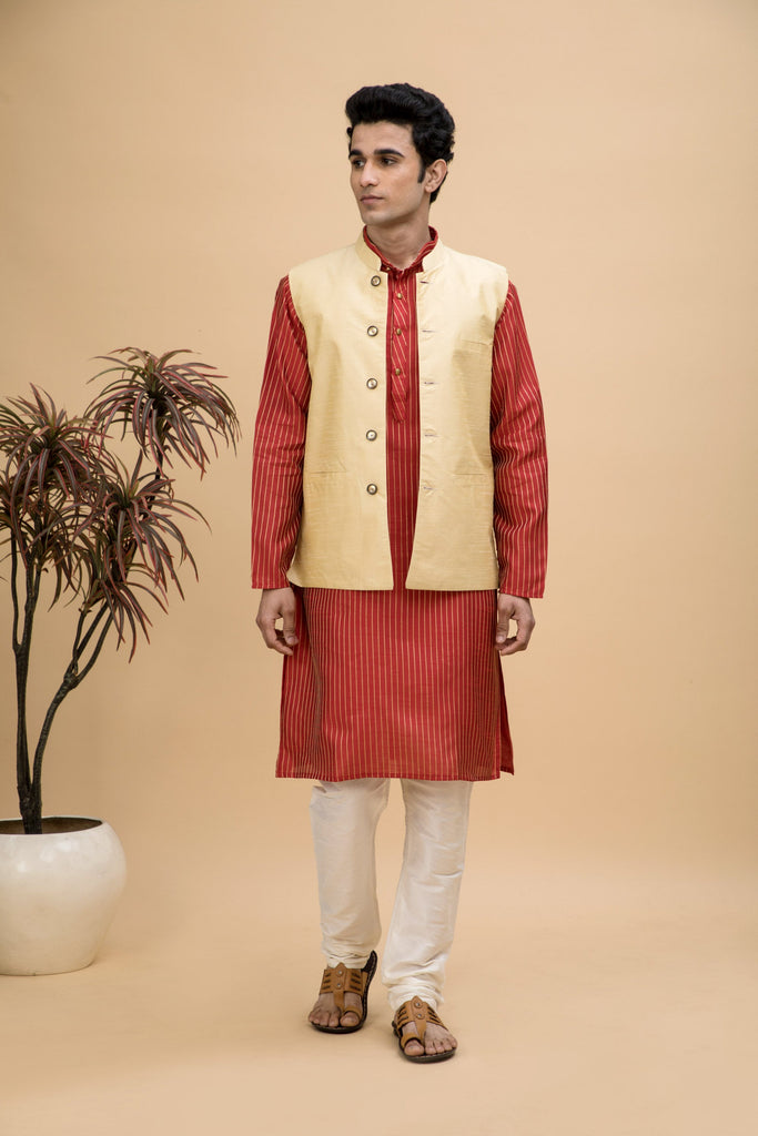 NEUDIS Men Red Dobby Striped Cotton Silk Blend Long Kurta Pyjama Set With Nehru Jacket
