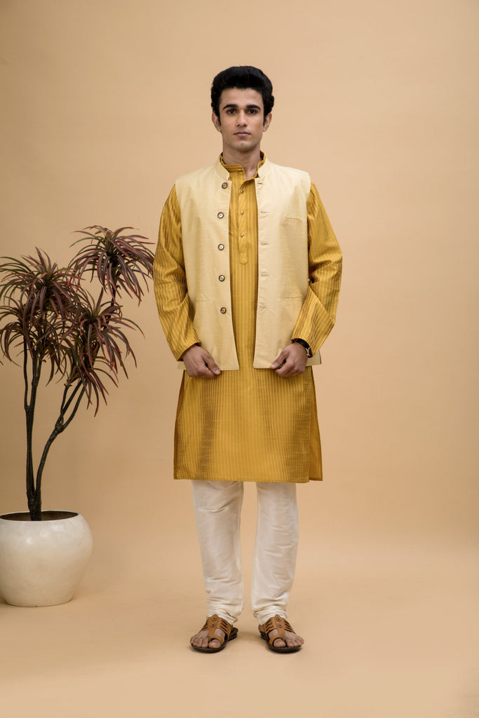 NEUDIS Men Yellow Dobby Striped Cotton Silk Blend Long Kurta Pyjama Set With Nehru Jacket