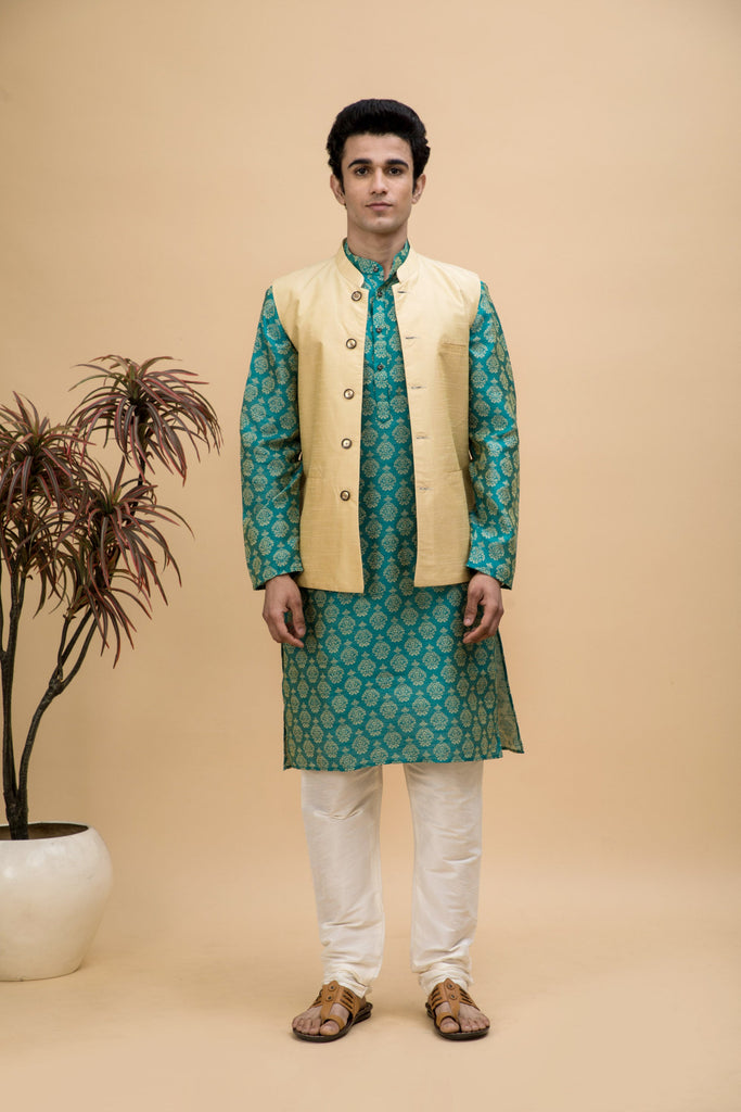 NEUDIS Men Green Jacquard Cotton Linen Blend Long Kurta Pyjama Set With Nehru Jacket