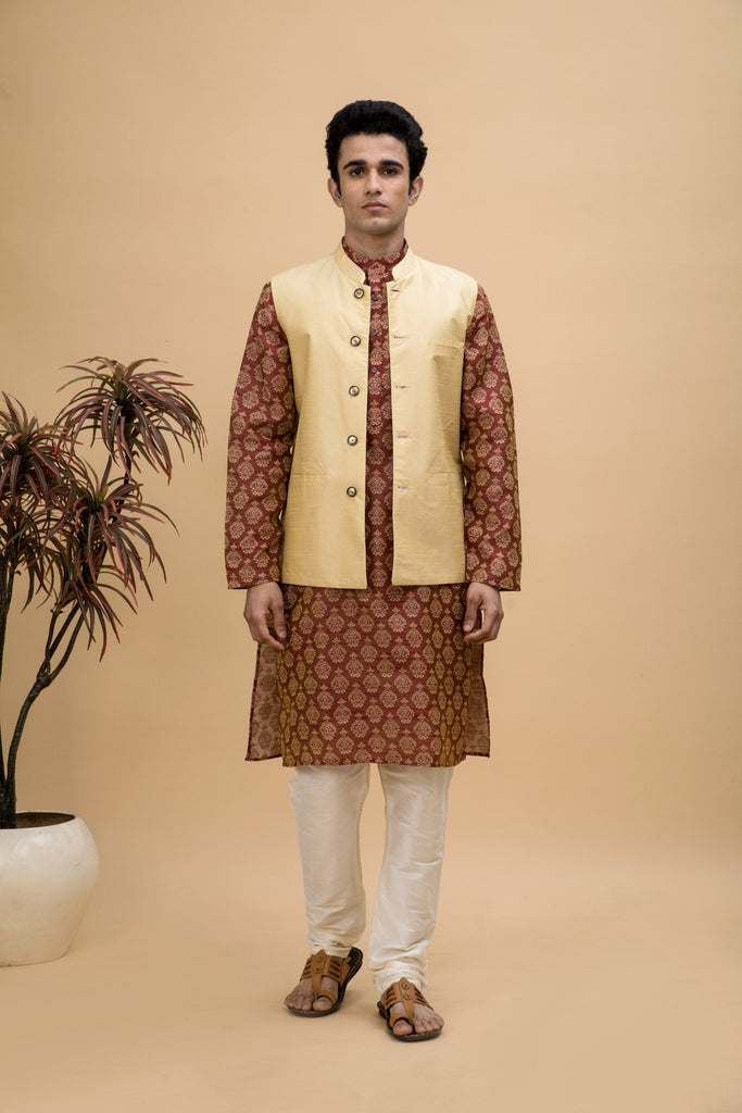 NEUDIS Men Maroon Jacquard Cotton Linen Blend Long Kurta Pyjama Set With Nehru Jacket